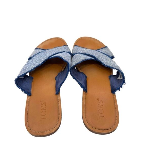 TOMS Viv Blue Slub Chambray Crossover Slide Sandals Size 10 - Picture 4 of 8